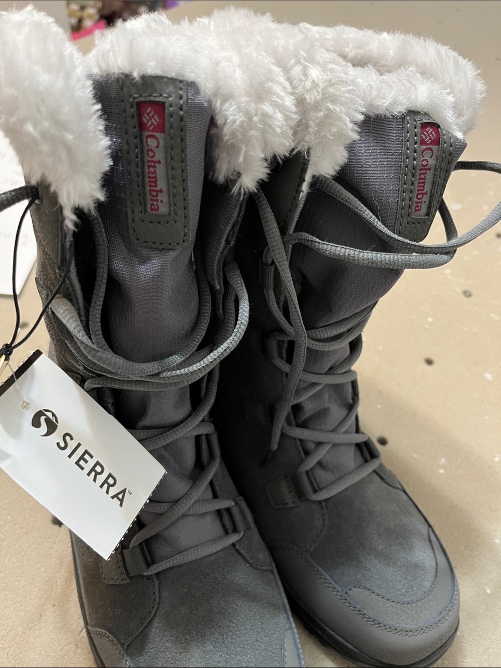 Columbia Gray Lace-Up Women's Winter Boots with White Faux-Fur Collar